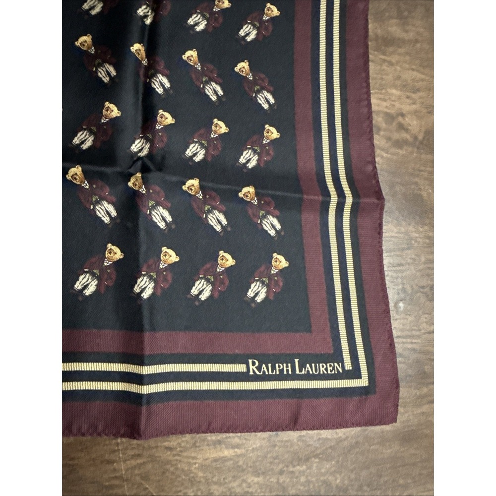 VTG Ralph Lauren Polo Bear Silk‎ Scarf Bandana Preppy Luxury Pocket Square 21"